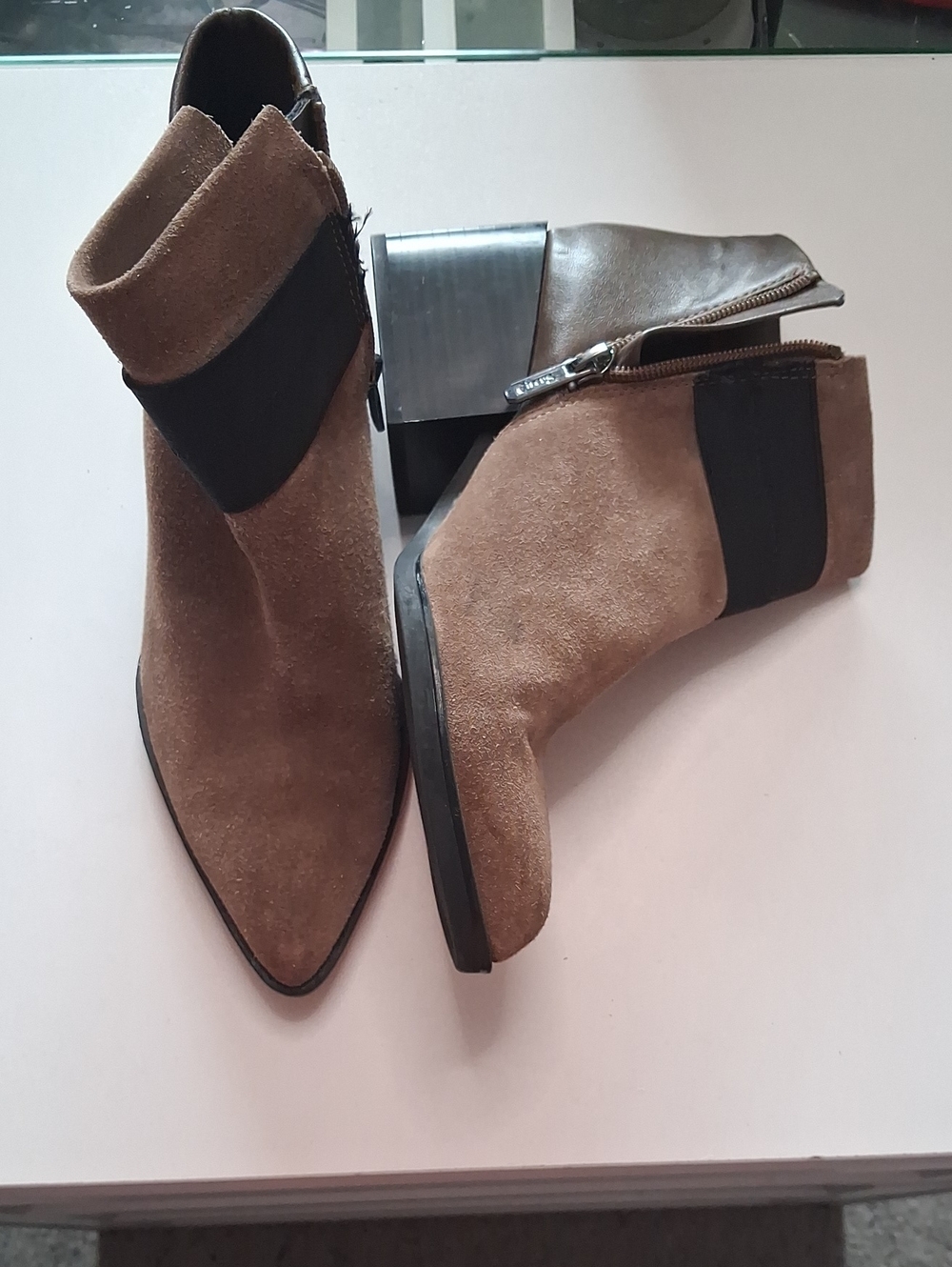 Circus by Sam Edelman Taupe Suede Pointed Ankle Booties with Black Panels